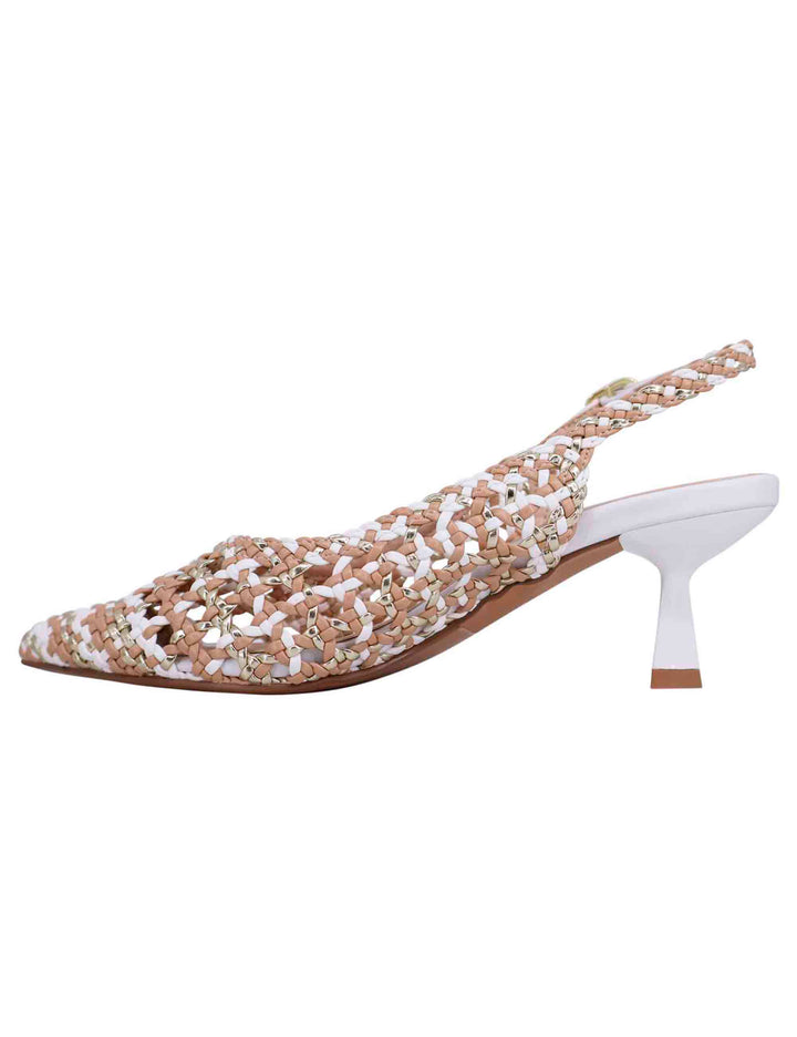Spatarella Decollete slingback donna in eco pelle laminata bronzo multicolore con tacco bianco Affare Del Giorno