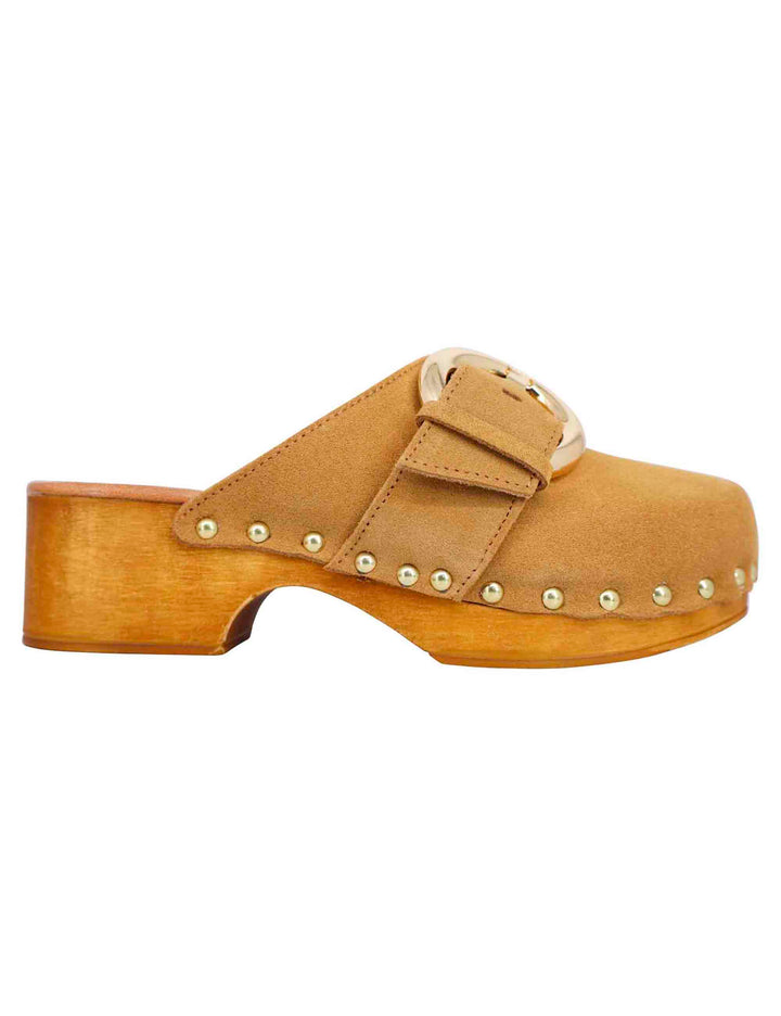 Spatarella Sabot donna in camoscio beige con fibbia laterale e tacco basso in legno Prezzo Ridotto