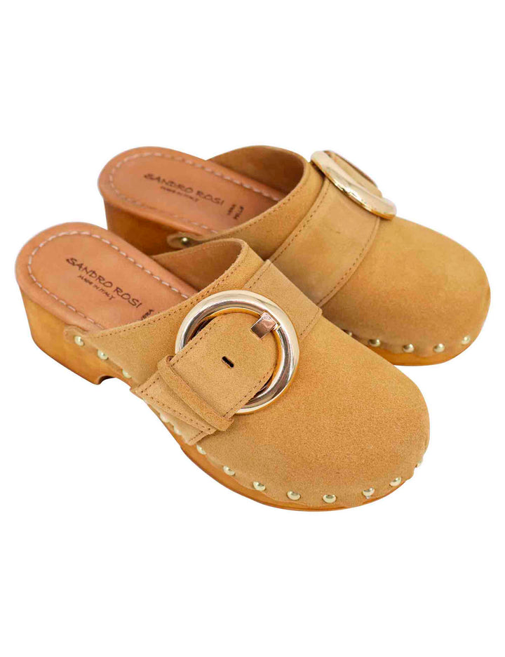 Spatarella Sabot donna in camoscio beige con fibbia laterale e tacco basso in legno Prezzo Ridotto