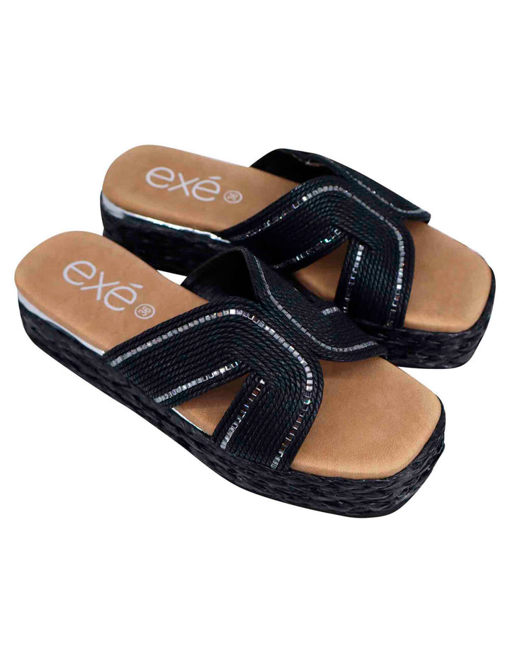 Spatarella Sandali donna in corda nera con rifiniture in argento Sottocosto