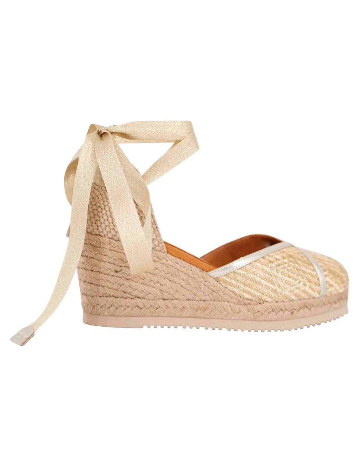 Spatarella Sandali espadrillas donna in tessuto oro e platino con zeppa in corda