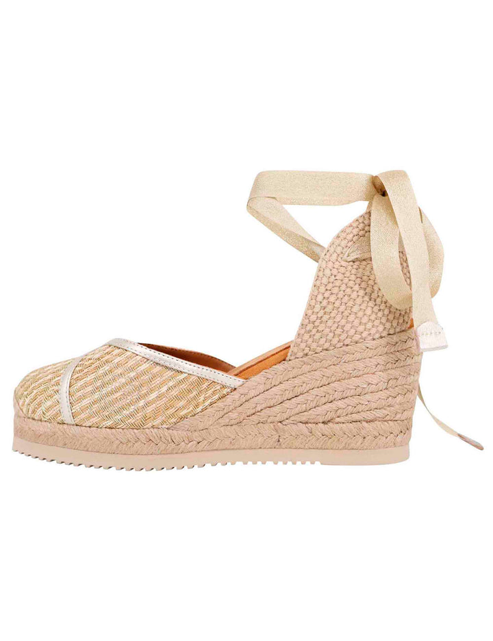 Spatarella Sandali espadrillas donna in tessuto oro e platino con zeppa in corda Presa