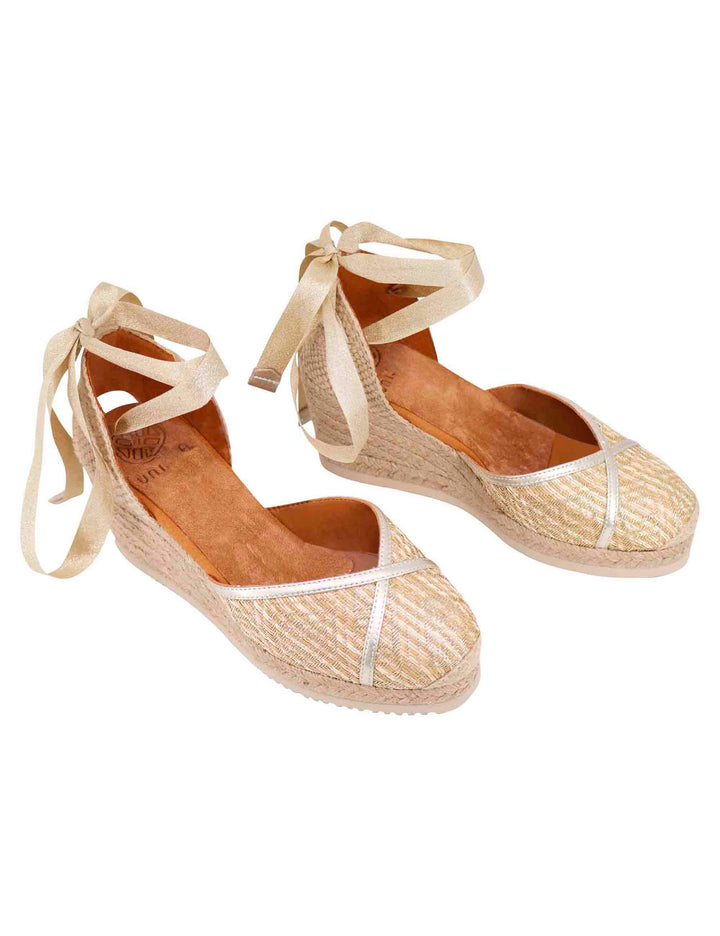 Spatarella Sandali espadrillas donna in tessuto oro e platino con zeppa in corda Presa