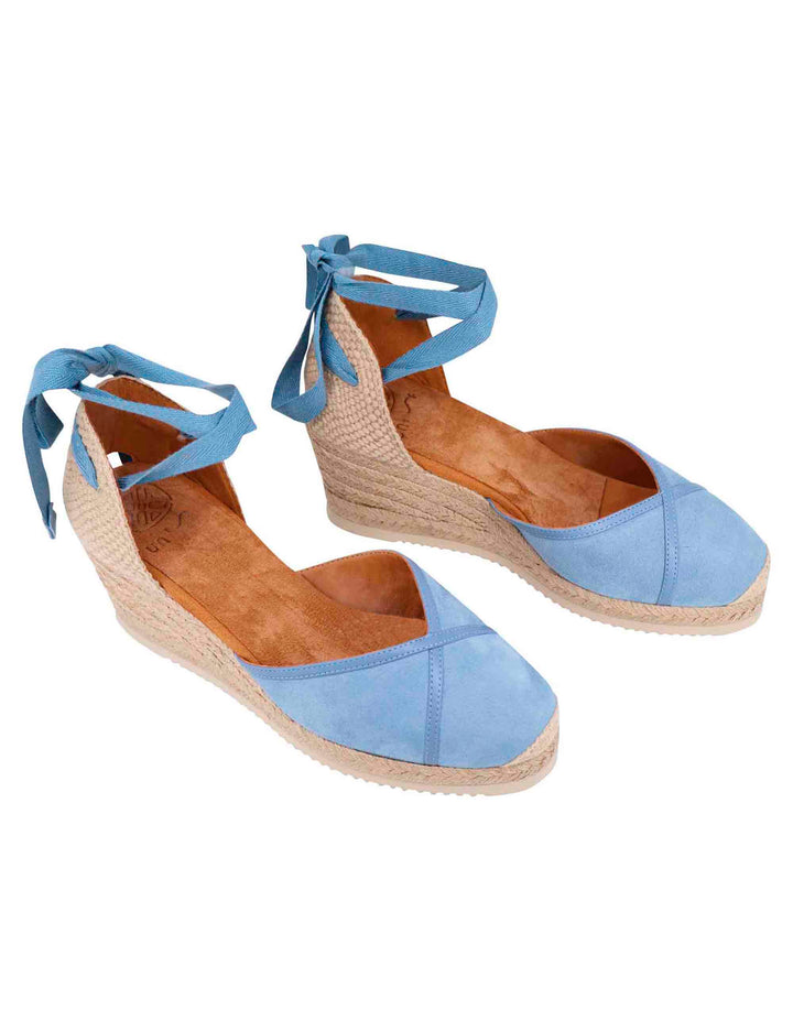 Spatarella Sandali espadrillas donna in camoscio celeste con zeppa in corda Economico