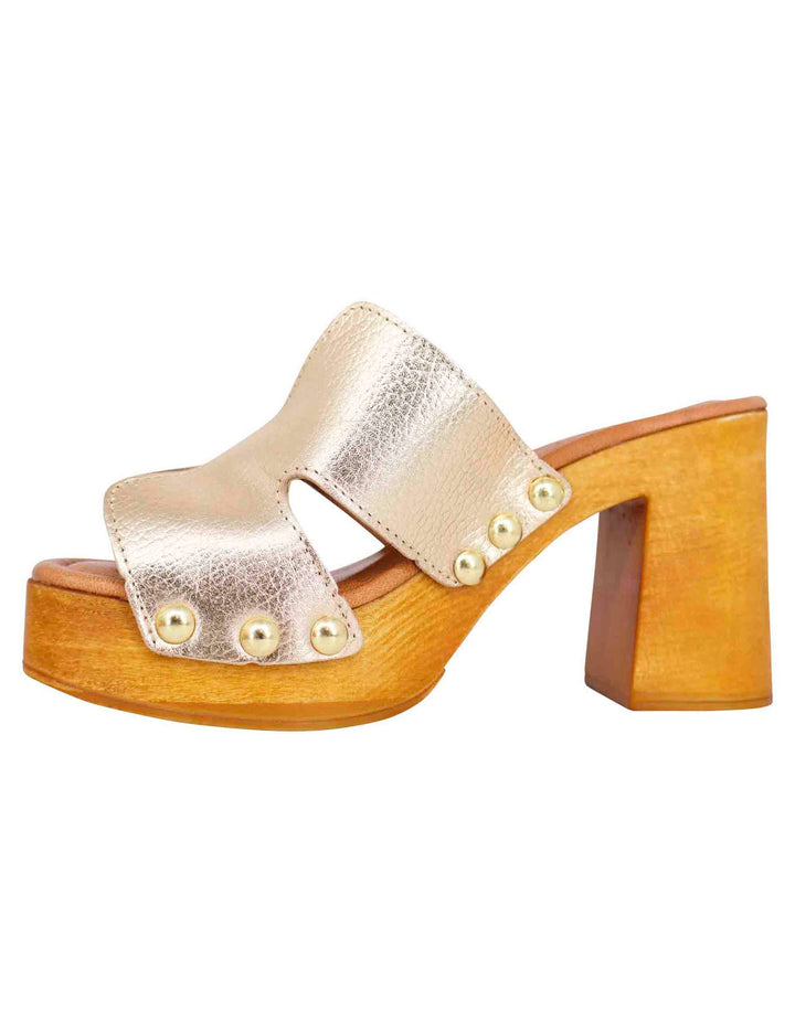 Spatarella Sandali zoccoli donna in pelle platino con fibbie oro e tacco alto Offerte