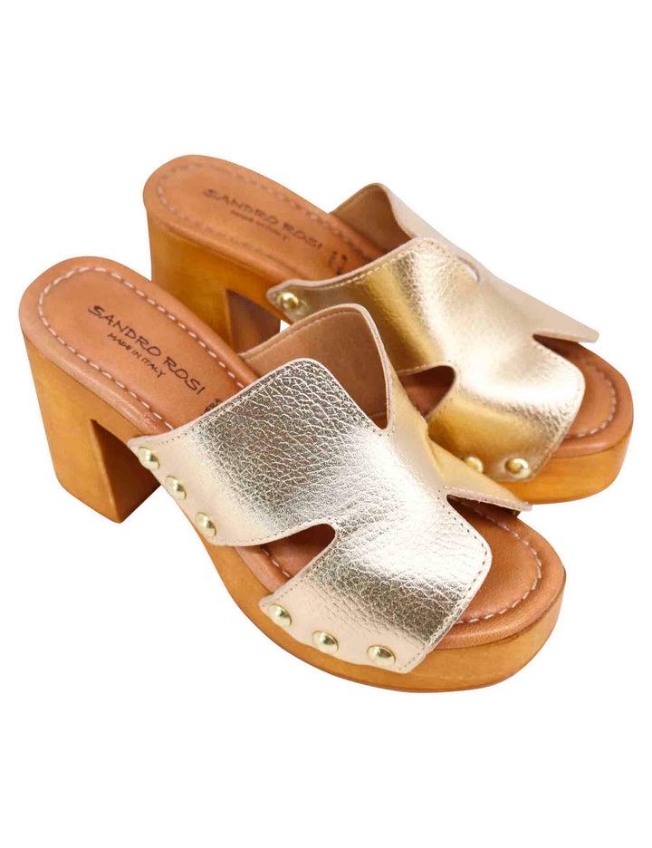 Spatarella Sandali zoccoli donna in pelle platino con fibbie oro e tacco alto Offerte