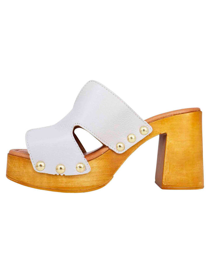 Spatarella Sandali zoccoli donna in pelle bianca con fibbie oro e tacco alto Saldi Di Fabbrica