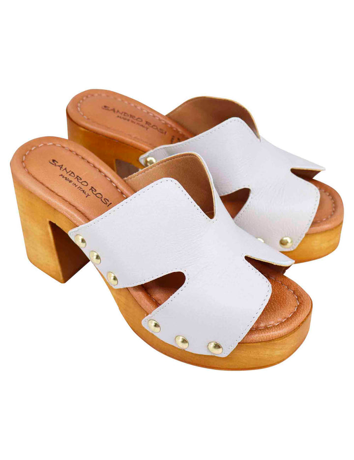 Spatarella Sandali zoccoli donna in pelle bianca con fibbie oro e tacco alto Saldi Di Fabbrica