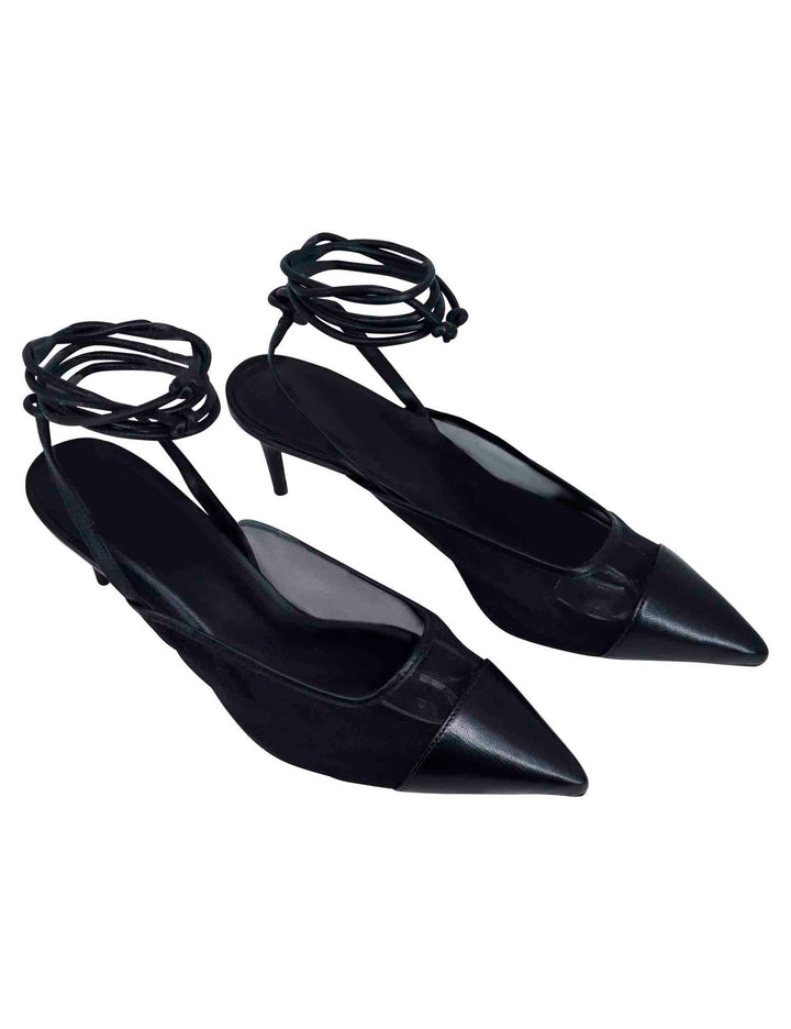 Spatarella Decollete slingback donna in rete e pelle nera con punta a punta e laccetti removibili In Saldo