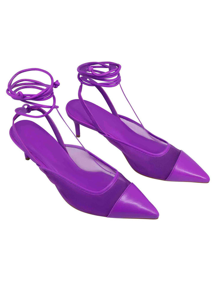 Spatarella Decollete slingback donna in rete e pelle viola con punta a punta e laccetti removibili Italy