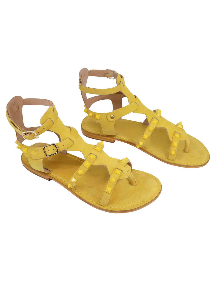 Spatarella Sandali donna gladiatore in camoscio giallo con suola bassa in cuoio In Linea