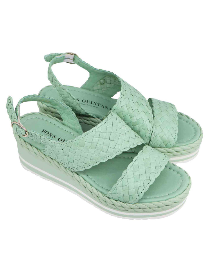 Spatarella Sandali donna in pelle intrecciata verde con zeppa in gomma Vendita