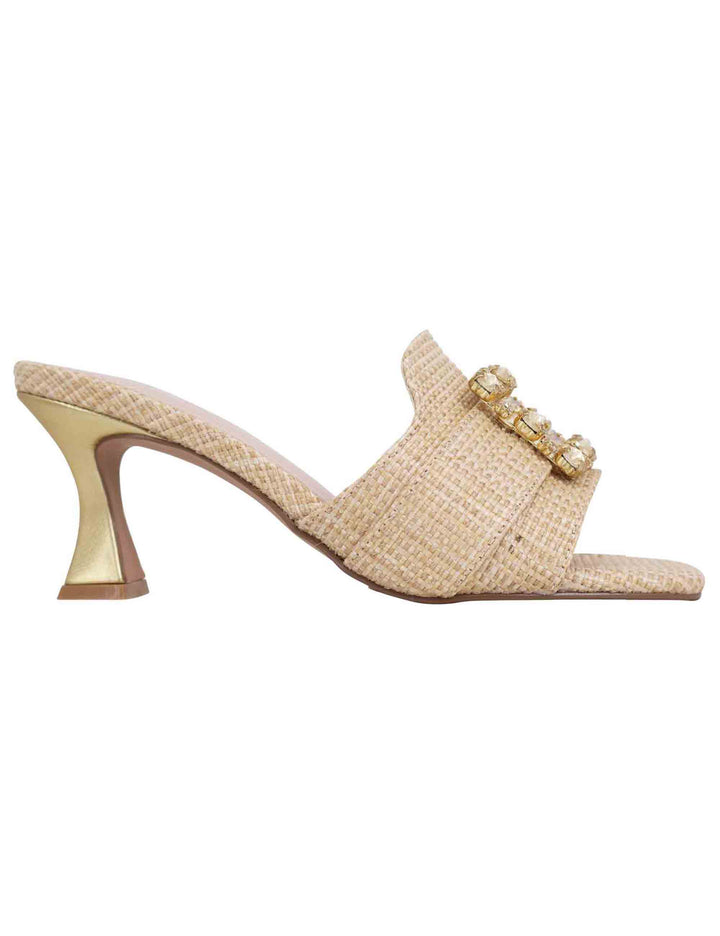 Spatarella Sandali donna in tessuto rafia beige con morsetto e tacco oro