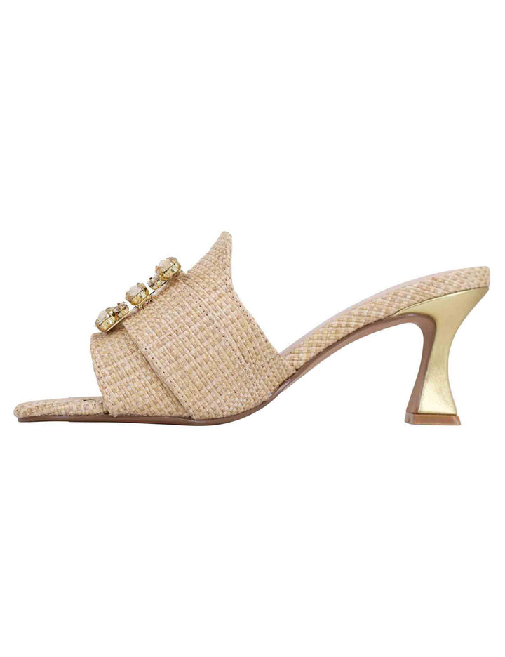 Spatarella Sandali donna in tessuto rafia beige con morsetto e tacco oro Qualità Garantita