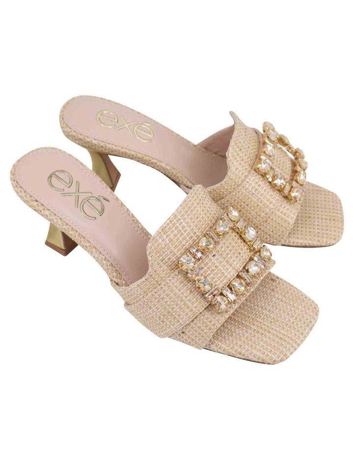 Spatarella Sandali donna in tessuto rafia beige con morsetto e tacco oro Qualità Garantita