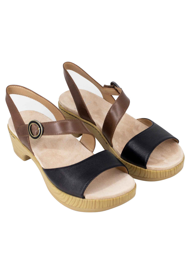 Spatarella Sandali donna in pelle nera e marrone con zeppa e cinturino Vendita Calda