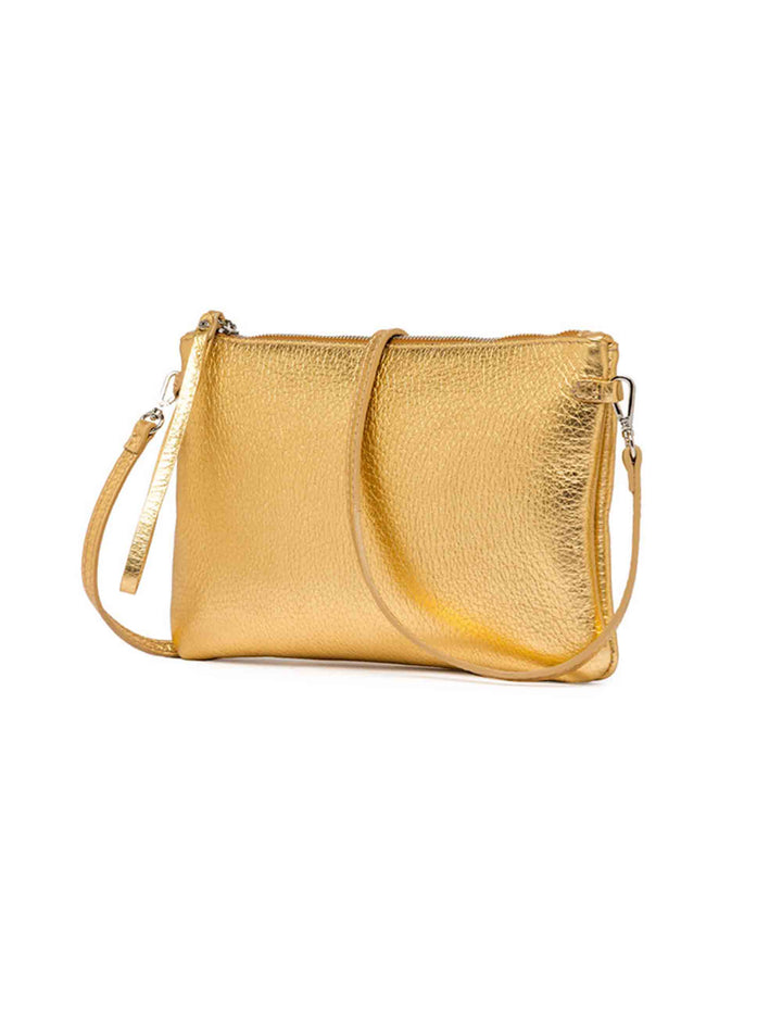 Spatarella Borse donna pochette Hermy in pelle oro e naturale con manico a bracciale e tracolla In Vendita