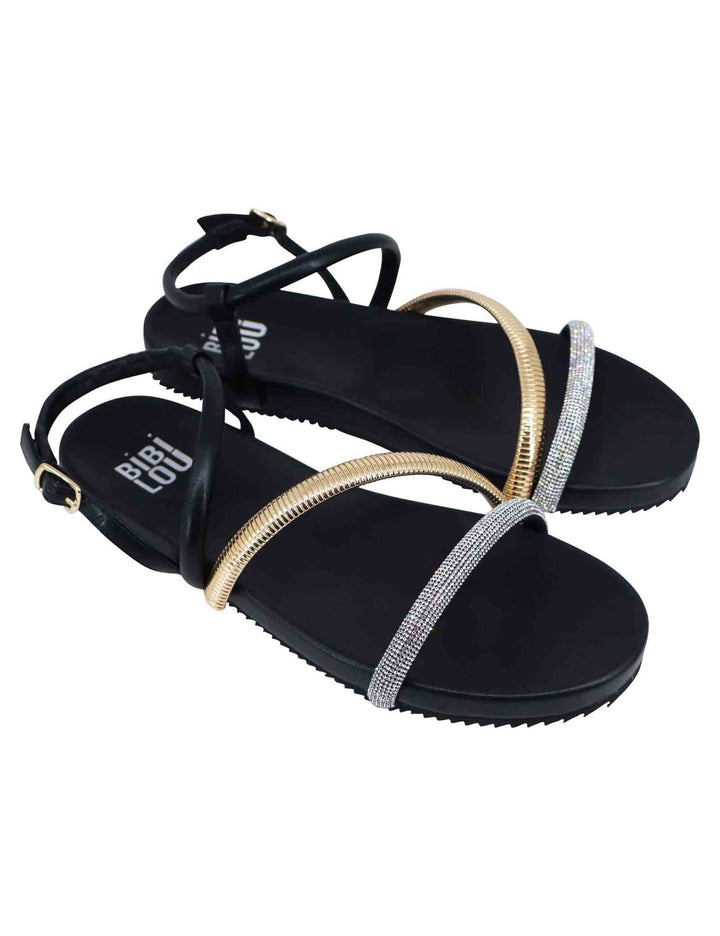 Spatarella Sandali flat donna in eco pelle nera con fussbett e cinturino posteriore Brie Negozio