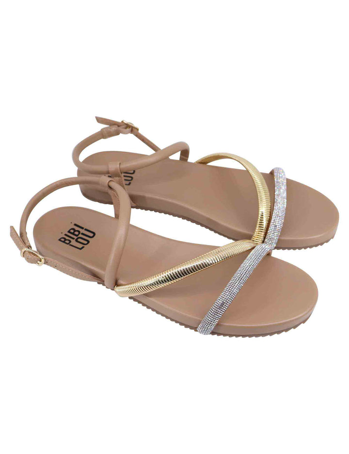 Spatarella Sandali flat donna in eco pelle camel con fussbett e cinturino posteriore Brie Italia