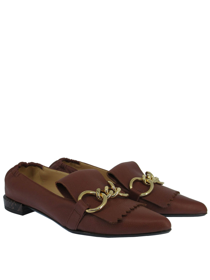 Spatarella Calzature Donna Mocassini In Pelle Cuoio con Frange e Catena Oro Punta a Punta e Tacco Basso Soddisfazione Garantita
