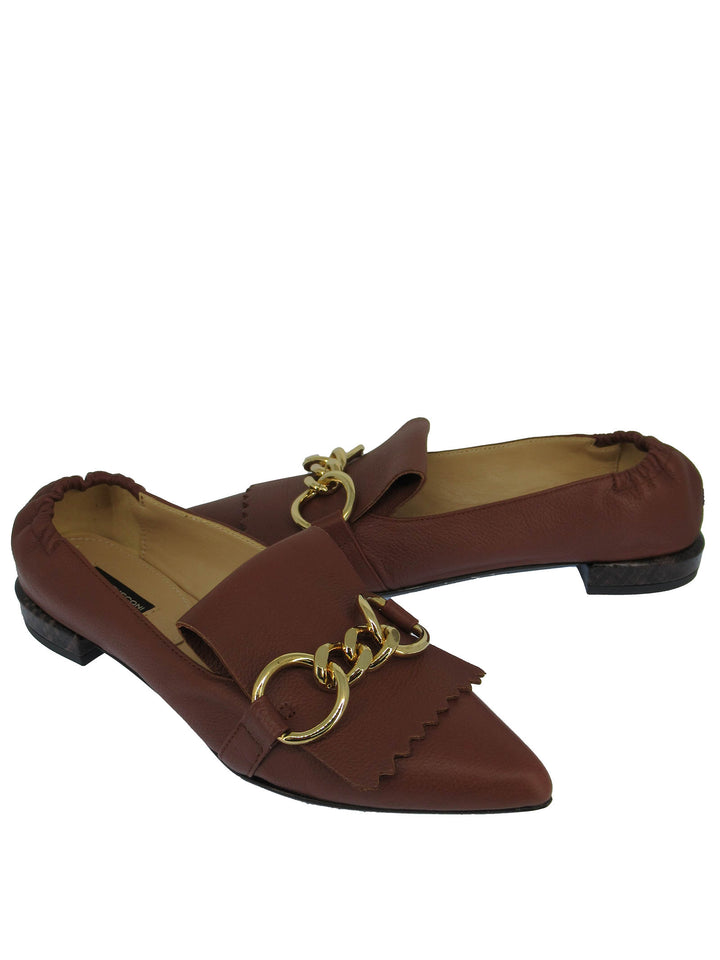 Spatarella Calzature Donna Mocassini In Pelle Cuoio con Frange e Catena Oro Punta a Punta e Tacco Basso Soddisfazione Garantita