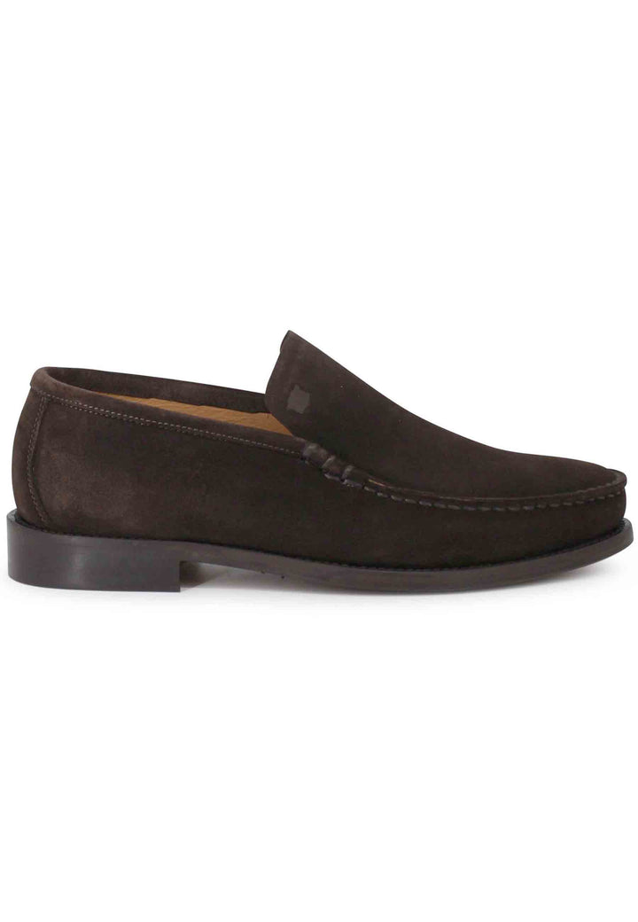 Spatarella Mocassini uomo in camoscio marrone con patta liscia e suola in cuoio cucita