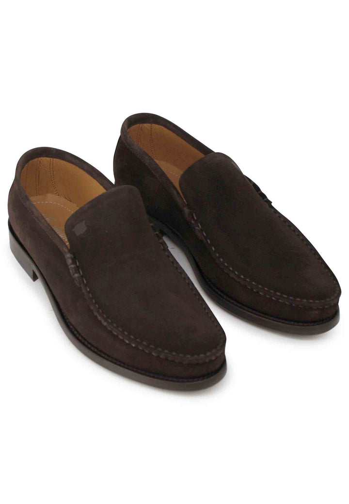 Spatarella Mocassini uomo in camoscio marrone con patta liscia e suola in cuoio cucita Convenienza