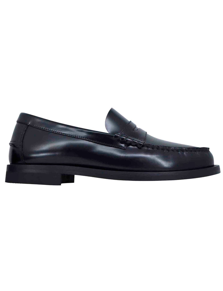 Spatarella Mocassini uomo in pelle nera con suola in cuoio cucita Economico