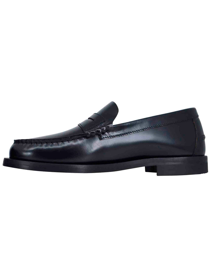 Spatarella Mocassini uomo in pelle nera con suola in cuoio cucita Economico