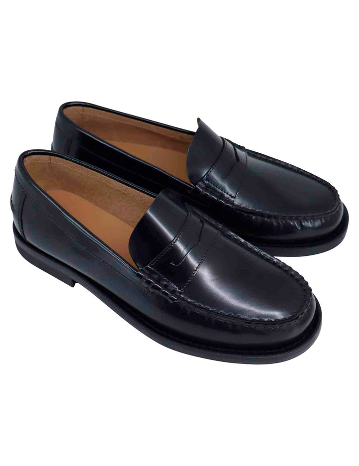 Spatarella Mocassini uomo in pelle nera con suola in cuoio cucita Economico