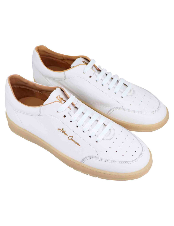 Spatarella Sneakers uomo in pelle bianca con suola in gomma ambra In Vendita
