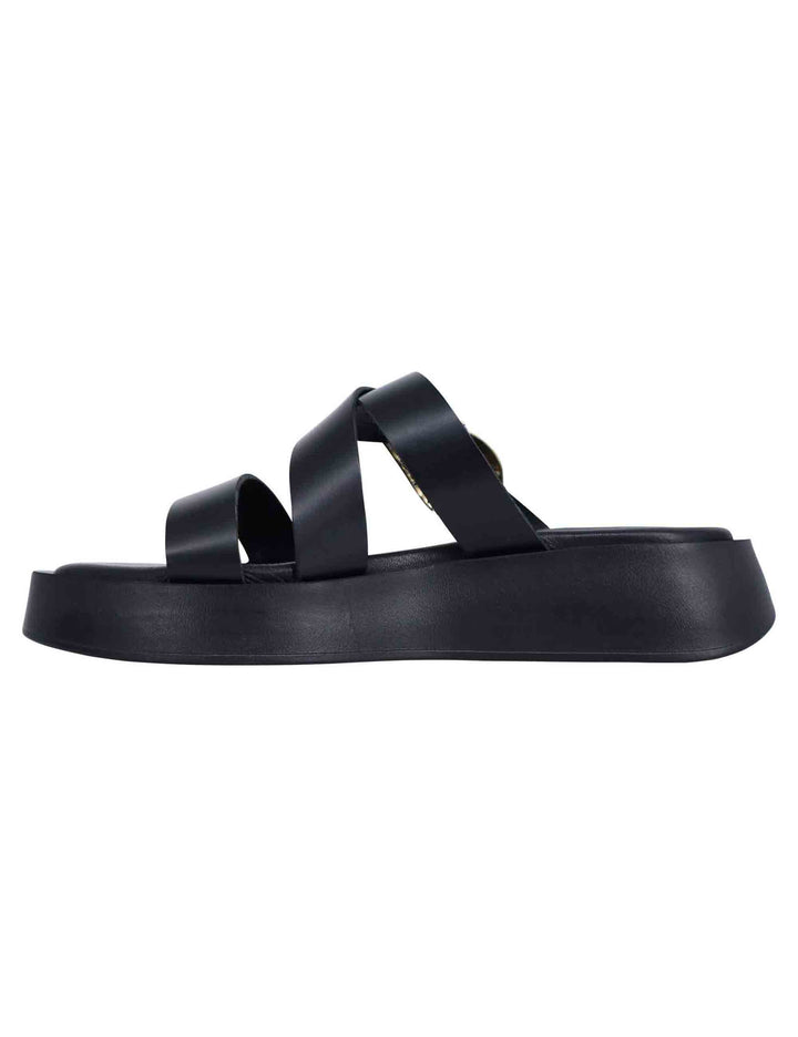 Spatarella Sandali donna in pelle nera con accessorio oro e zeppa in gomma Qualità Garantita