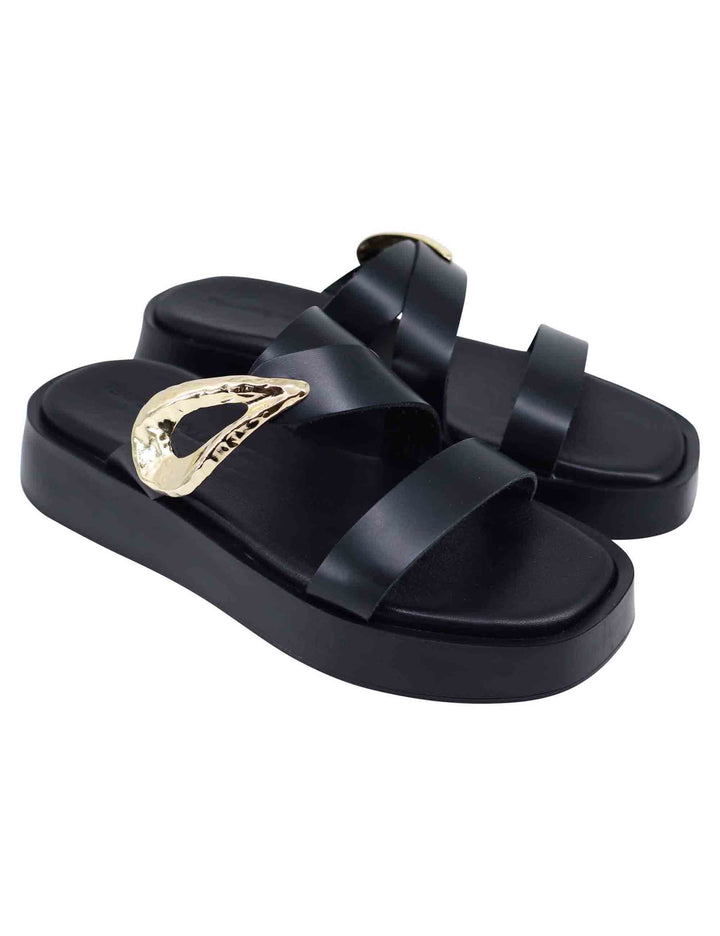 Spatarella Sandali donna in pelle nera con accessorio oro e zeppa in gomma Qualità Garantita
