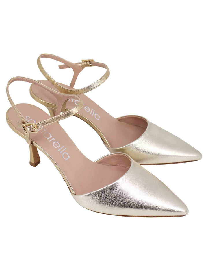 Spatarella Sandali donna in pelle laminata argento e platino con tacco alto e cinturino alla caviglia Sconto