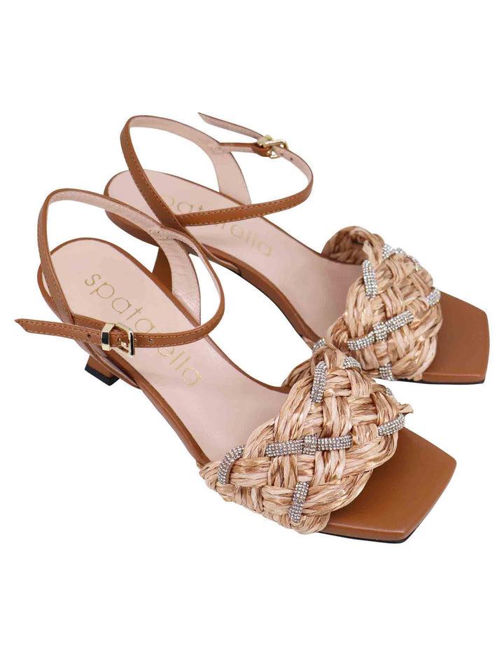 Spatarella Sandali donna in pelle cuoio con raffia e strass a tacco alto Offerta
