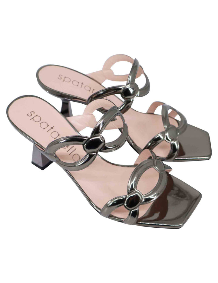 Spatarella Sandali donna in pelle laminata grigia con tacco alto e punta quadra Economico