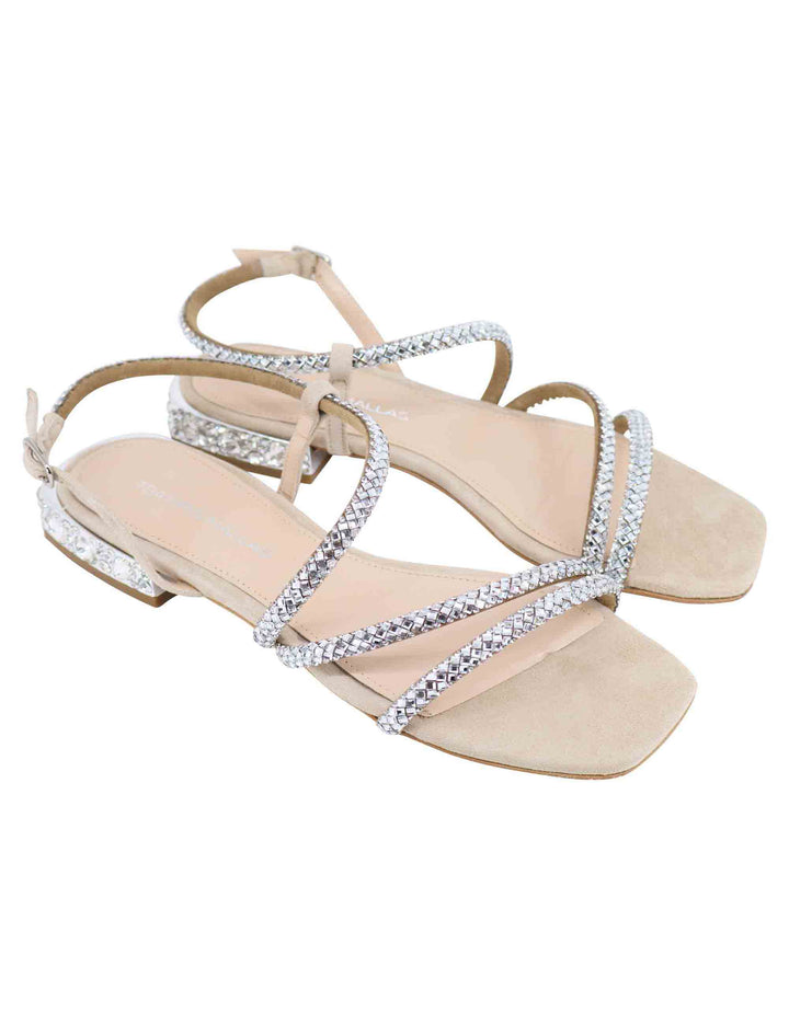 Spatarella Sandali bassi slingback donna in camoscio beige con strass e tacco gioiello Online