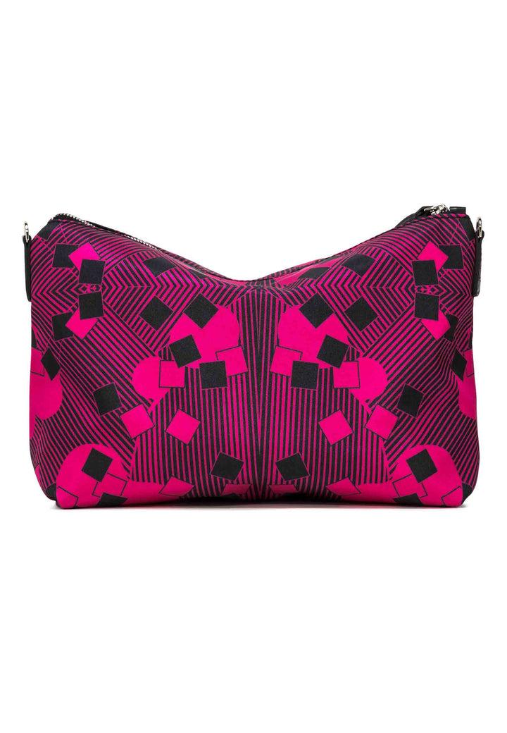 Spatarella Pochette grande donna in tessuto fuxia a fantasia con manico e tracolla in pelle Offerta temporanea