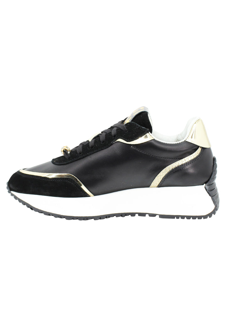 Spatarella Sneakers donna in pelle nera con riporti in pelle oro e zeppa in gomma bianca Offerte giornaliere