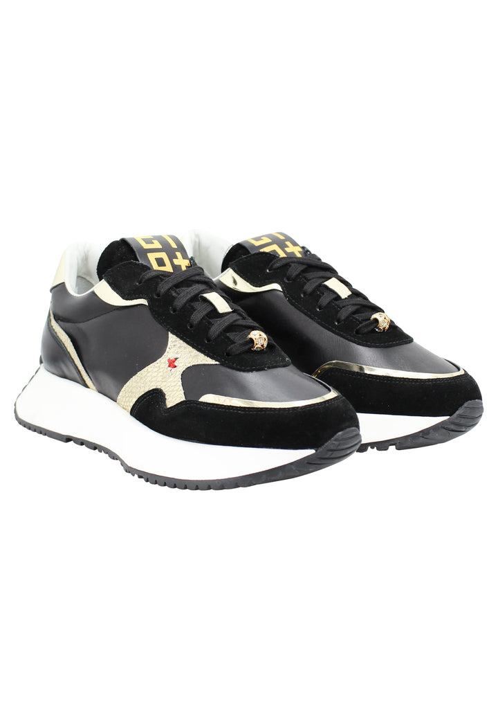 Spatarella Sneakers donna in pelle nera con riporti in pelle oro e zeppa in gomma bianca Offerte giornaliere