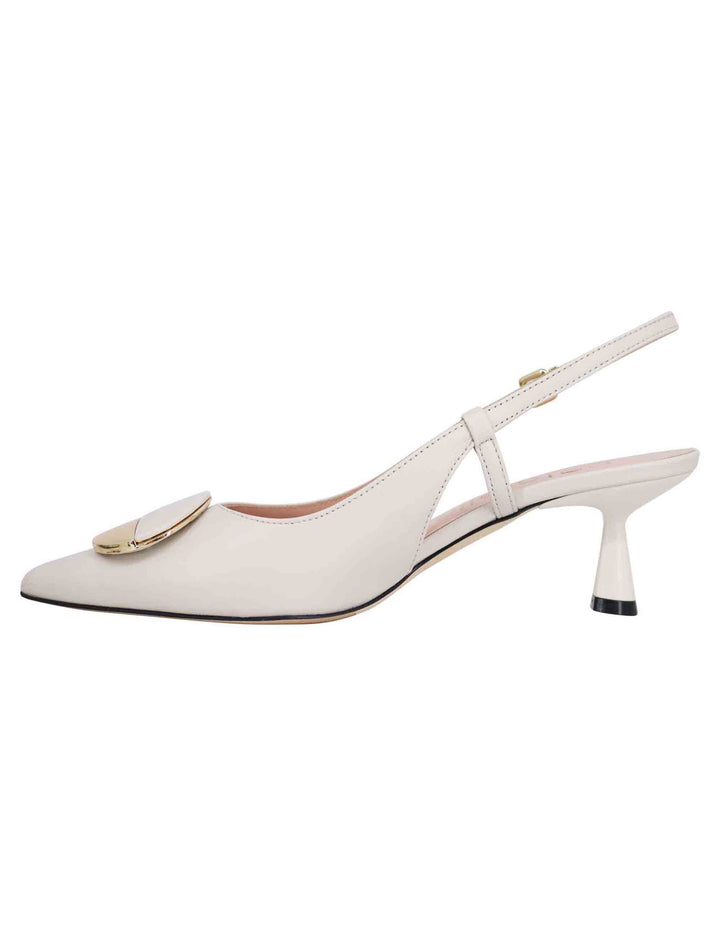 Spatarella Decollete slingback donna in pelle bianca con tacco basso e fibbia in oro Ritorno libero