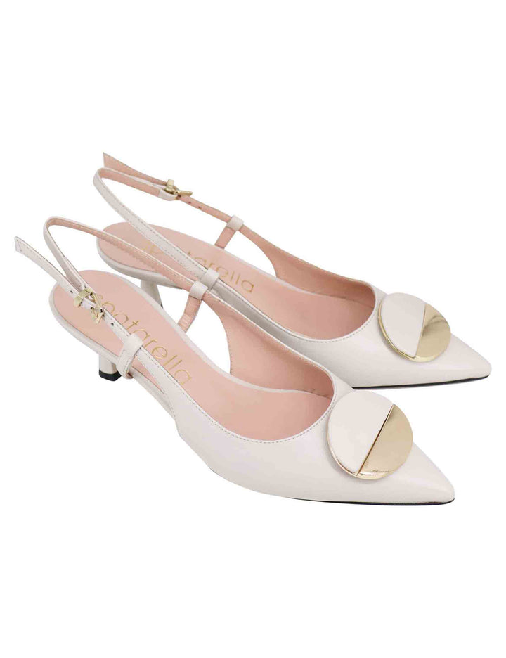 Spatarella Decollete slingback donna in pelle bianca con tacco basso e fibbia in oro Ritorno libero
