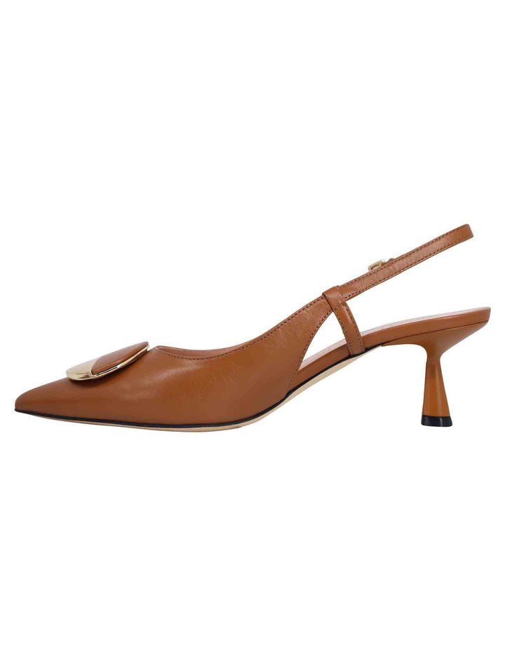 Spatarella Decollete slingback donna in pelle cuoio con tacco basso e fibbia in oro Ultimi tre giorni