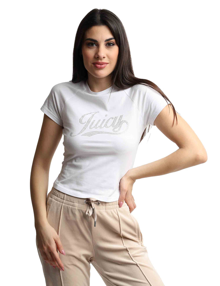 Spatarella T-shirts donna Ryder Rodeo in cotone bianco a girocollo con strass Ultimo giorno