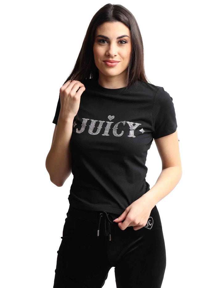 Spatarella T-shirts donna Ryder Rodeo in cotone nero a girocollo con strass Fino al 50% di sconto