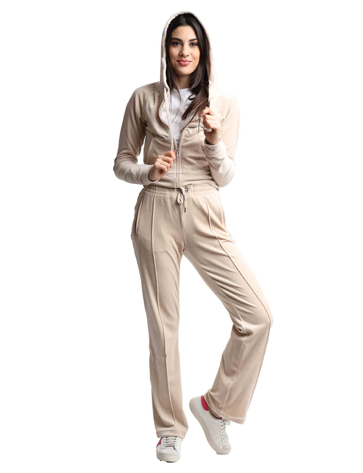Spatarella Pantaloni tuta donna Tina in tessuto beige con strass Sostegno trimestrale