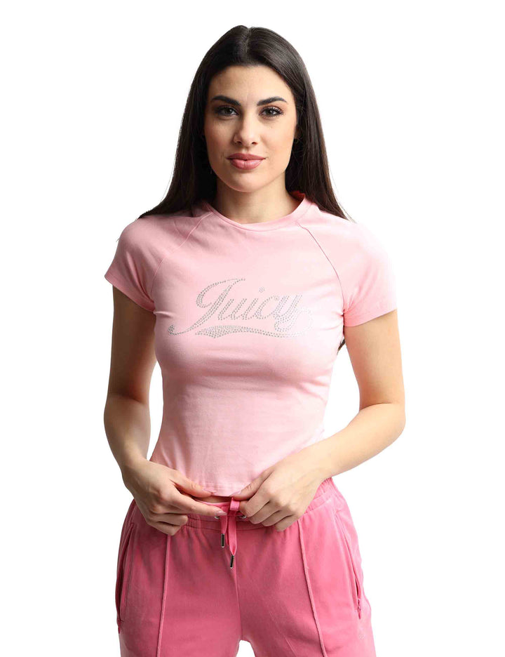 Spatarella T-shirts donna Ryder Rodeo in cotone rosa a girocollo con strass Super sconto
