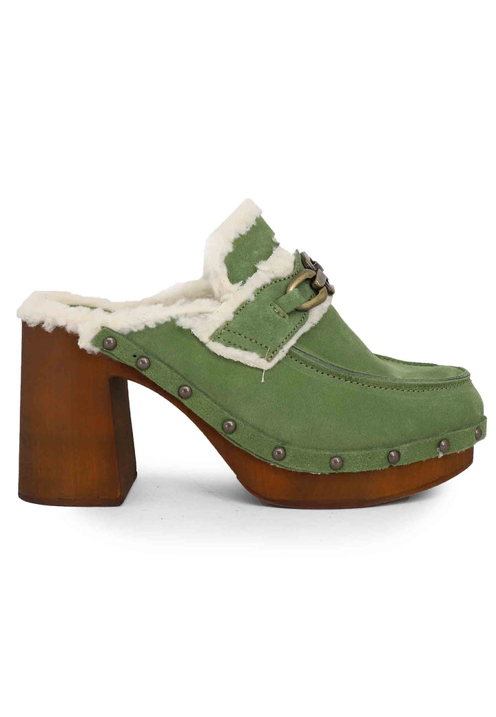 Spatarella Zoccoli donna in camoscio verde con fodera in eco fur e tacco alto Trasporto libero internazionale
