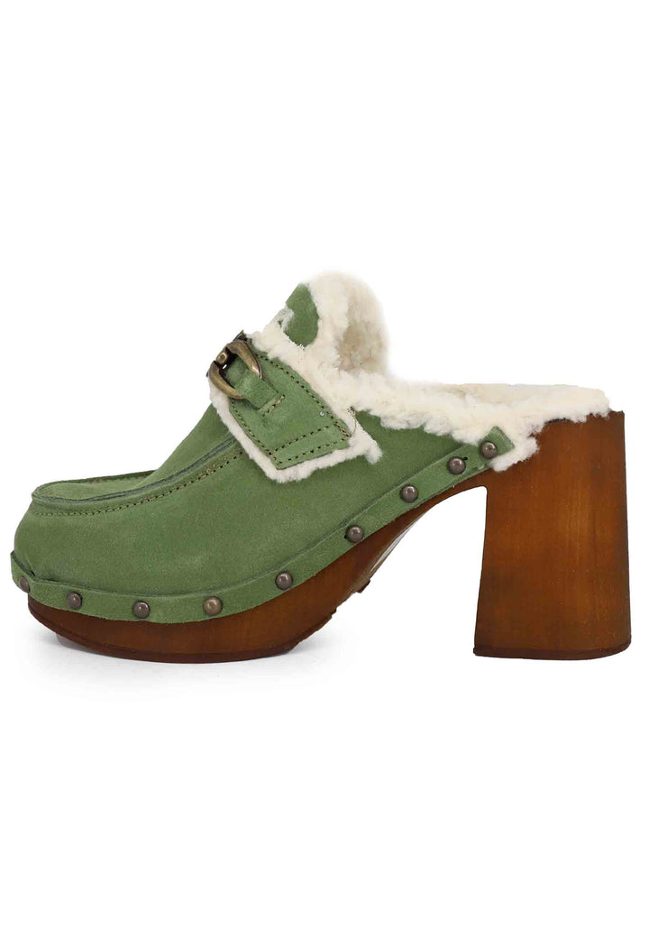 Spatarella Zoccoli donna in camoscio verde con fodera in eco fur e tacco alto Trasporto libero internazionale