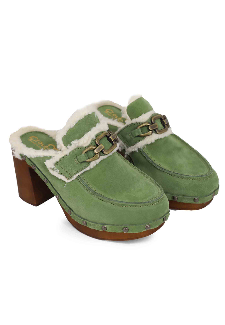 Spatarella Zoccoli donna in camoscio verde con fodera in eco fur e tacco alto Trasporto libero internazionale